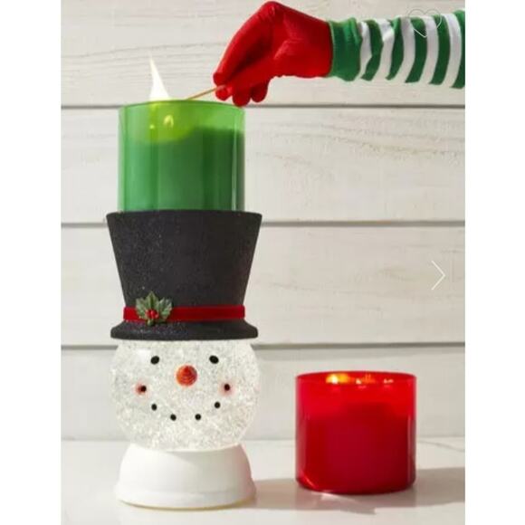 SNOWMAN WATER GLOBE LIGHT UP SWIRLING GLITTER PEDESTAL 3-WICK CANDLE HOLDER NEW! - Picture 2 of 6